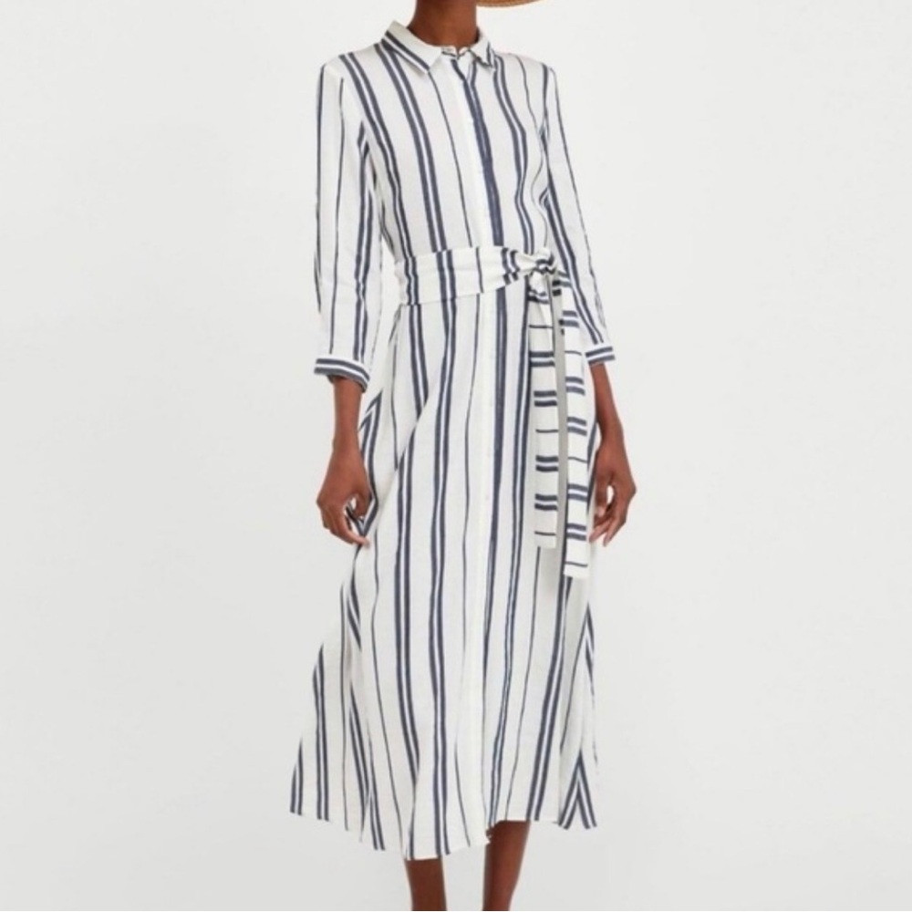 Zara Navy and White Vertical Stripe Midi Shirt Dress with Tie